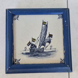 Framed Delft Sailboat Tile in motion, handpainted from Holland