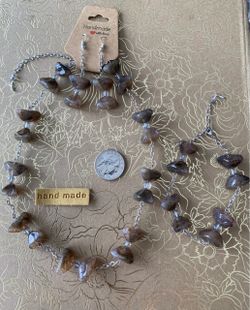 Handmade Brown Crackle Stone Necklace, Bracelet and Earrings Jewelry Set