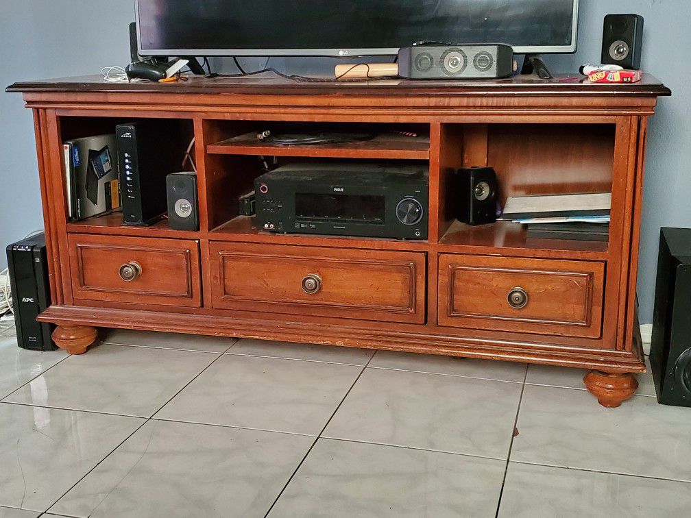 TV stand solid wood, very sturdy desk and a book shelf