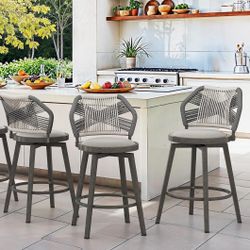 Outdoor Bar Stools Set of 3, 360° Swivel Aluminum Rattan Barstools, Olefin Rope Counter Height Bar Stools with Curved Backrest, Boho Barstool with Cir