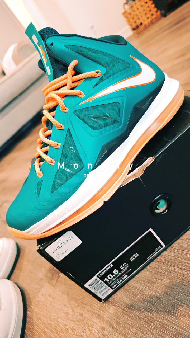 Nike Lebron X Shoes Miami Dolphins Sneakers Setting Aqua Orange Size 10.5

