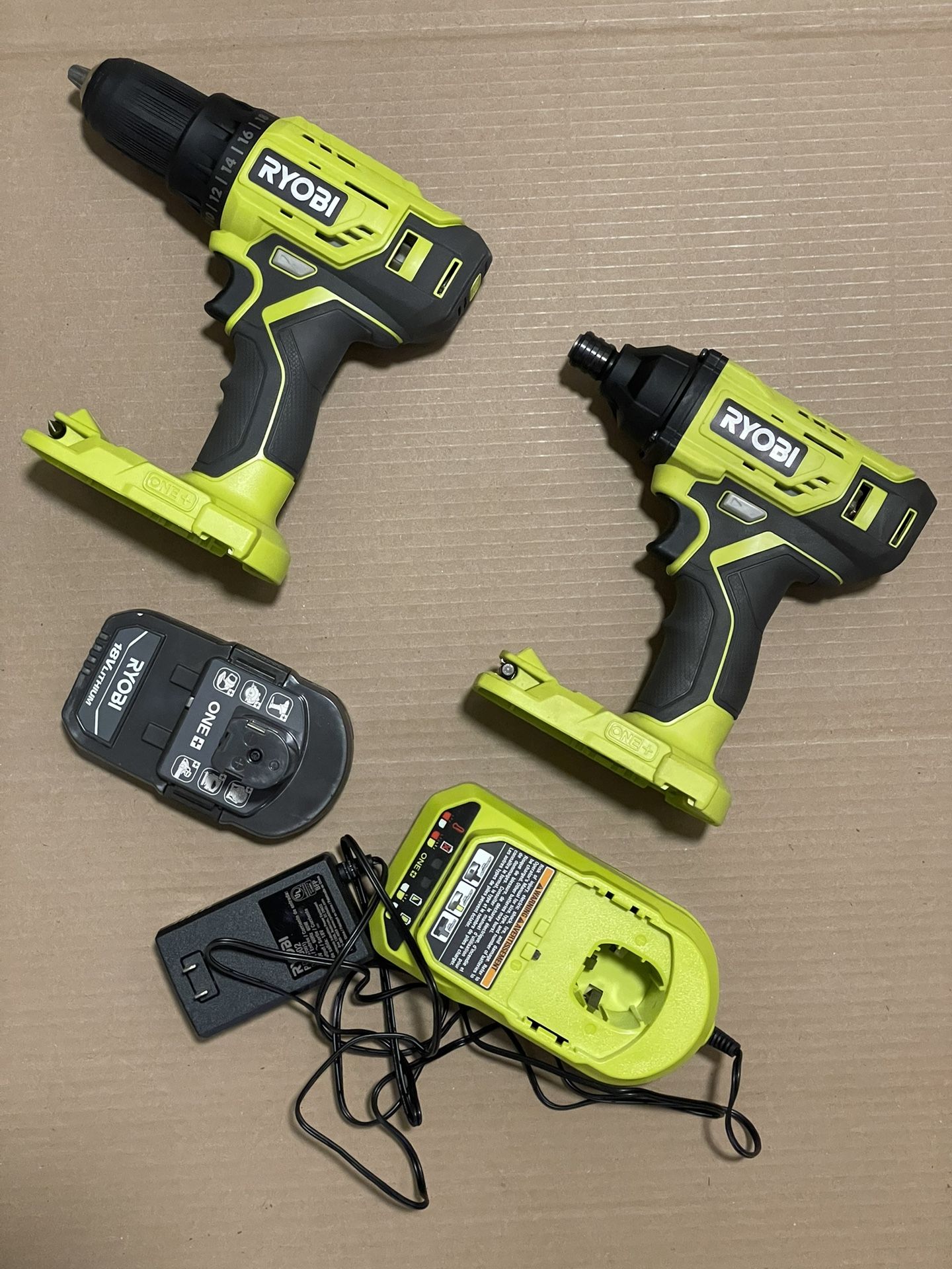 Ryobi One+ 1/2” Drill & 1/4” Impact Driver + Battery & Charger - New/Like new