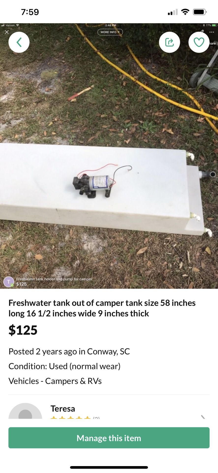 Freshwater tank out of camper tank size 58 inches long 16 1/2 inches wide 9 inches thick