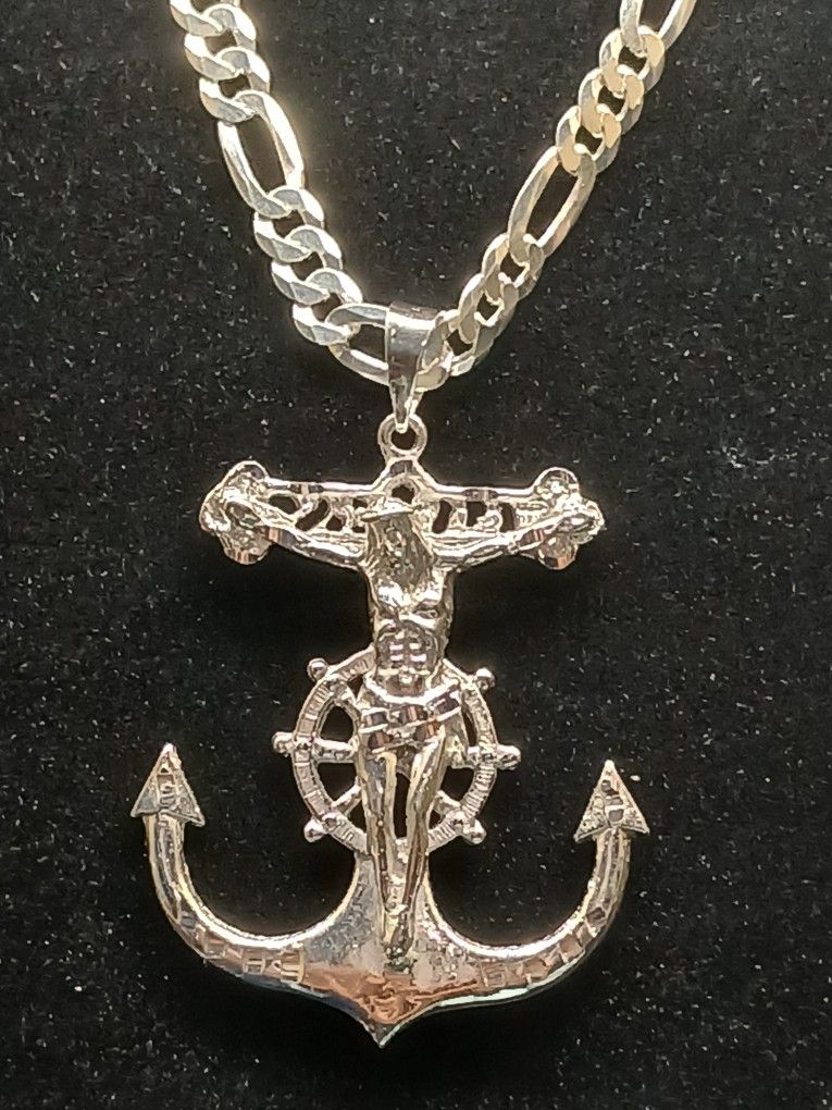 925 Silver Figaro Chain With Jesus Anchor Pendant