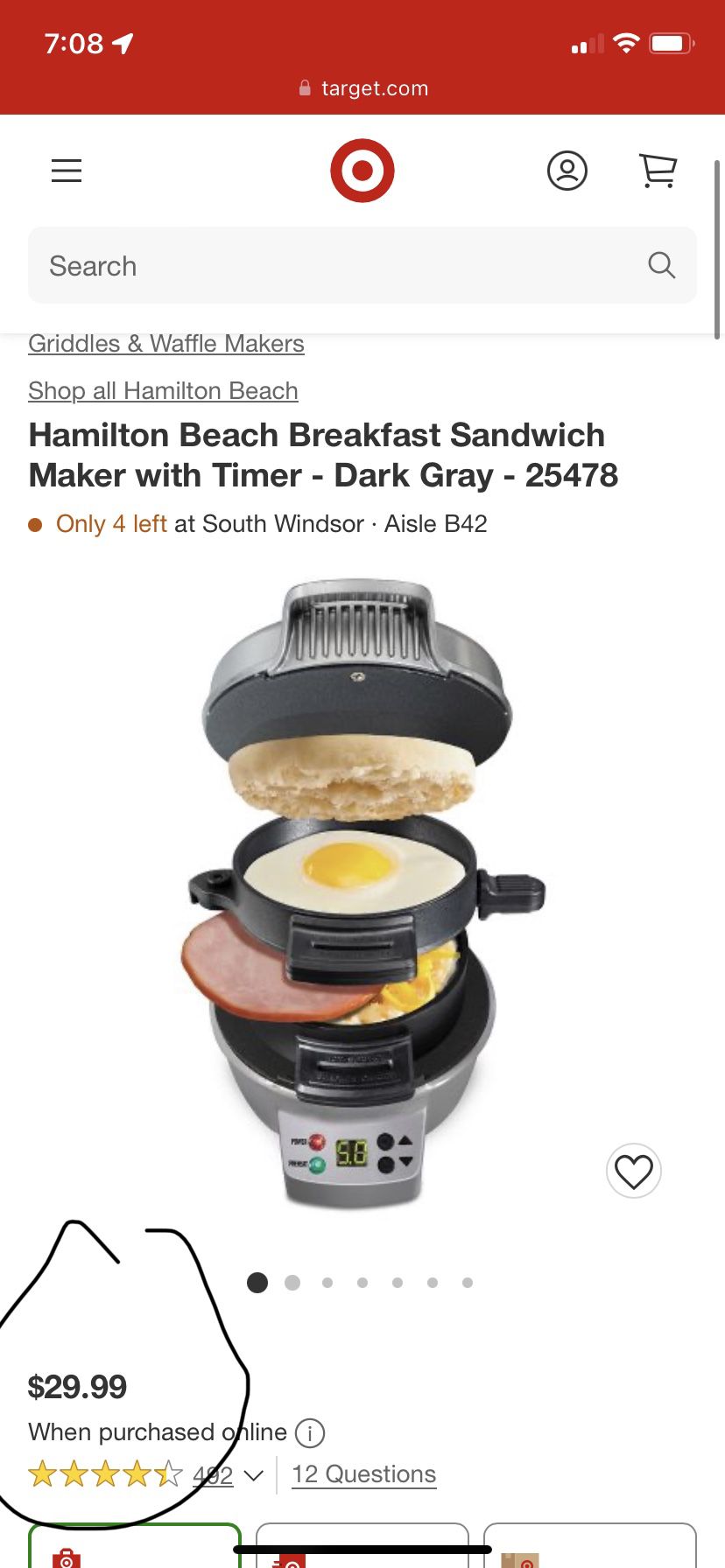 Hamilton Beach Breakfast Sandwich Maker With Timer - Dark Gray