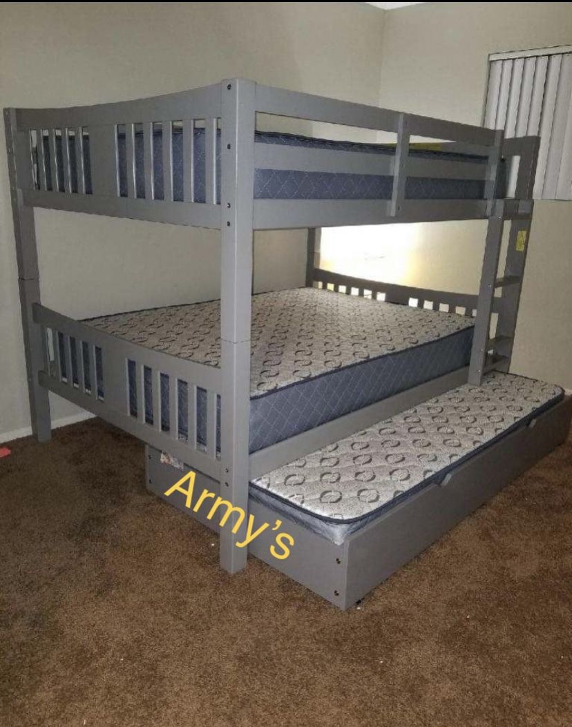 FULL-FULL Bunkbed With FULL Trundle All 3 Nice Mattresses Included 