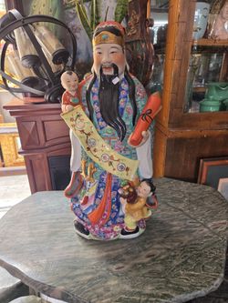 Hand-painted, glazed Chinese porcelain statue of the god Fu Xing