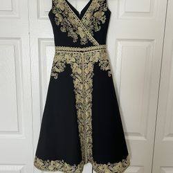 Beth Bowley Anthropologie Wool Party Dress Black Gold Embroidery Dress(0-XS)