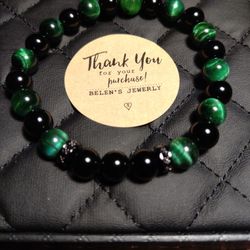 Black Onyx Beads With Green Tiger Eye Beads Unisex Bracelet