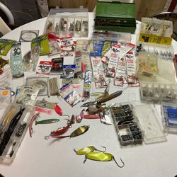 Vintage Fishing Lures, Spinners, Hooks,  Weights, Plastic Worms, Etc