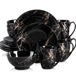 Plates and Bowls Sets for 4, Black Dinnerware Sets 16 Piece 