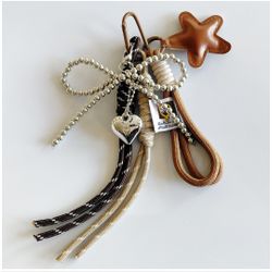 5 PCS Star PU Leather Keychain SILVER Bead BOW Knot Rope Hanging Bag Charm Accessory Brown
