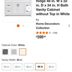 Ridge 48 in. W x 22 in. D x 34 in. H Bath Vanity Cabinet without Top in White by Home Decorators Collection