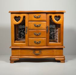 Vintage Wooden Jewelry Armoire Cabinet with Etched Glass Doors