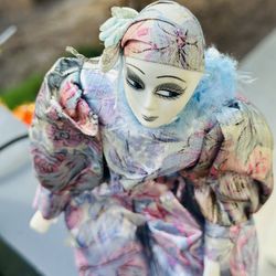Vintage Art Deco Italian porcelain Pierrot Harlequin clown doll Blue Feather 