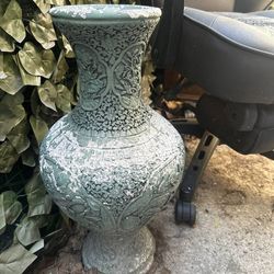 Large Ornate Carved Celadon Green Decorative Floor Vase - Vintage Style Home Decor