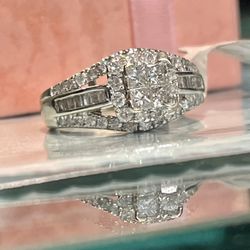 14k WG Ladies Diamond Square Half Bezel Halo Baguette Anniversary Cocktail Ring