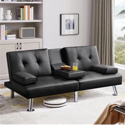 Convertible Sofa Bed Adjustable Couch Sleeper Modern Faux Leather Recliner Reversible Loveseat Folding Daybed Guest Bed, Removable Armrests, Cup Holde