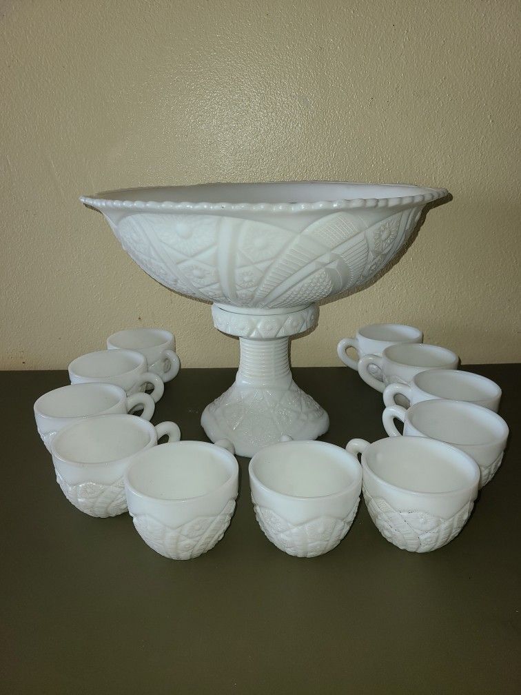 Early American Milk Glass Punch Bowl Set - McKee Concord Pattern