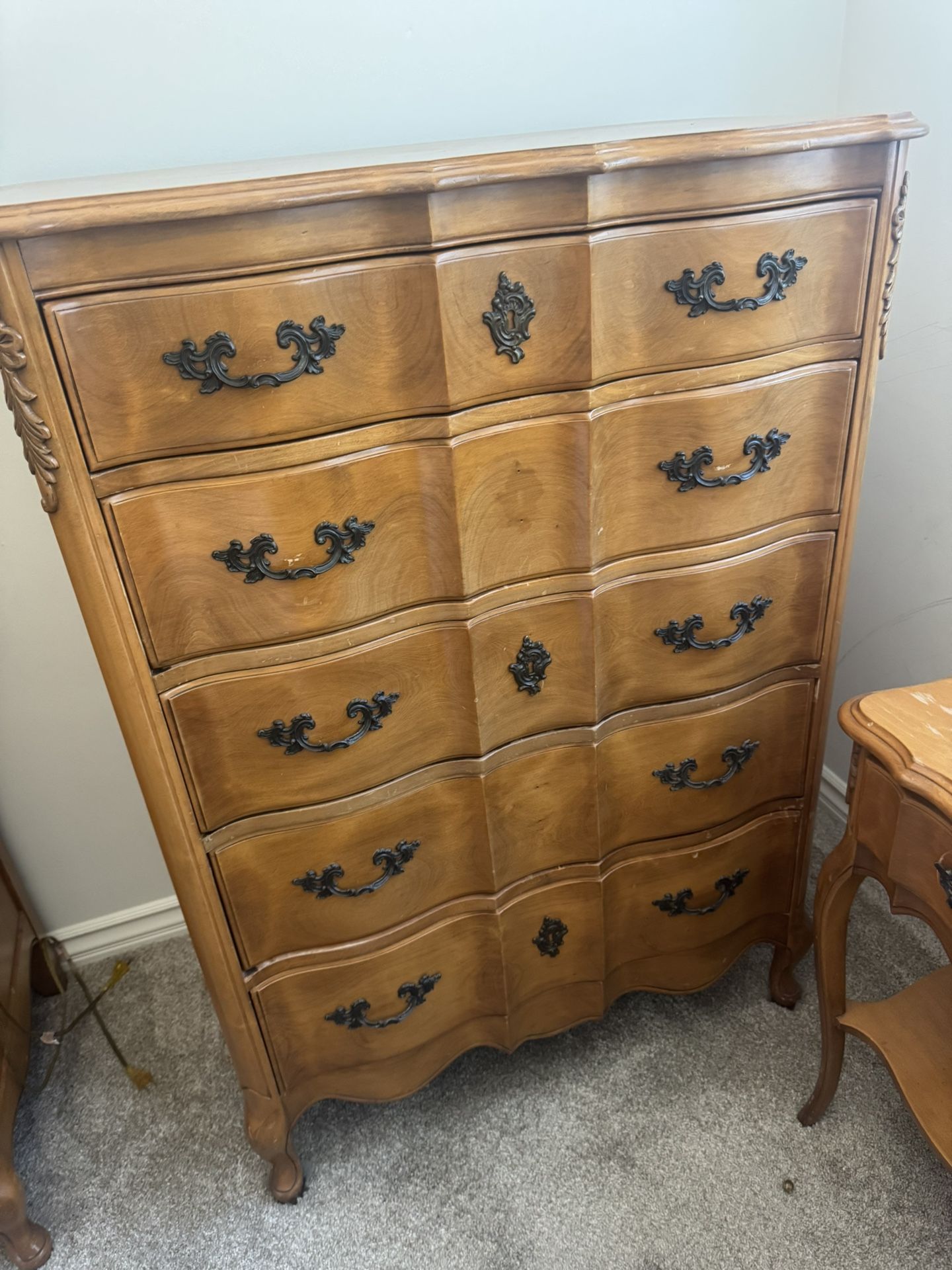 Vintage French Provincial Wood Standing Highboy 5 Drawer Dresser