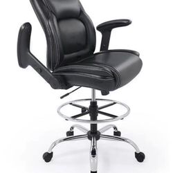 Ergonomic Mid-Back Leather Adjustable Drafting Chair with Multi-Function Arms and Foot Ring, Standing-Desk Matched Tall Swivel Computer Office Stool, 
