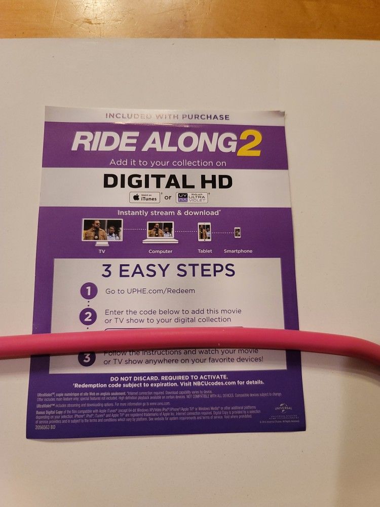 $4 HD DIGITAL MOVIE CODE. RIDE ALONG 2. $4 OR TRADE FOR A MOVIE TITLE I DO NOT ALREADY OWN.