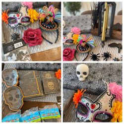 Vintage Style Mirror with Gold Taper Candle + New table cover, Masks, Scull, Many More