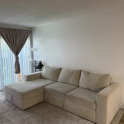 LIVING SPACES - Sebastian Cream White Beige Fabric 111" 2 Piece Convertible Futon Sleeper Sectional with Right Arm Facing Storage Chaise | Track Arms