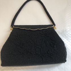 Vintage Black Floral Beaded Clutch , Purse , Evenings Hand Bag 6.50” W And 9” H With Gold Metal Tone Frame