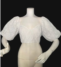 White Embroidered Puff Sleeve Crop Top