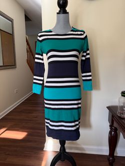 95% cotton Striped Bodycon Midi Dress 3/4 Sleeve