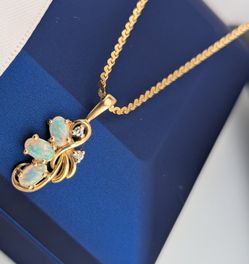 ✨14k Gold Natural Opal & Diamond 💎 Pendant Necklace 4.67g.||16.75"|💛✨