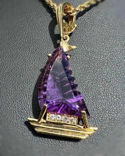 Art-Deco Jewelry 14k Solid Yellow Gold Purple Amethyst Natural 10.24CTW Diamond SailBoat Pendant Charm