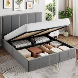 Full Size Lift Up Storage Bed Frame with Headboard, Grey Adjustable Headboard, Hydraulic Underneath Storage, Velvet Upholstered, Easy Installation, No