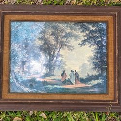Print picture of Jesus and his disciples walking down a path wood frame 21 1/4 x 17 1/4 picture is not perfect, surrounded by raffia

