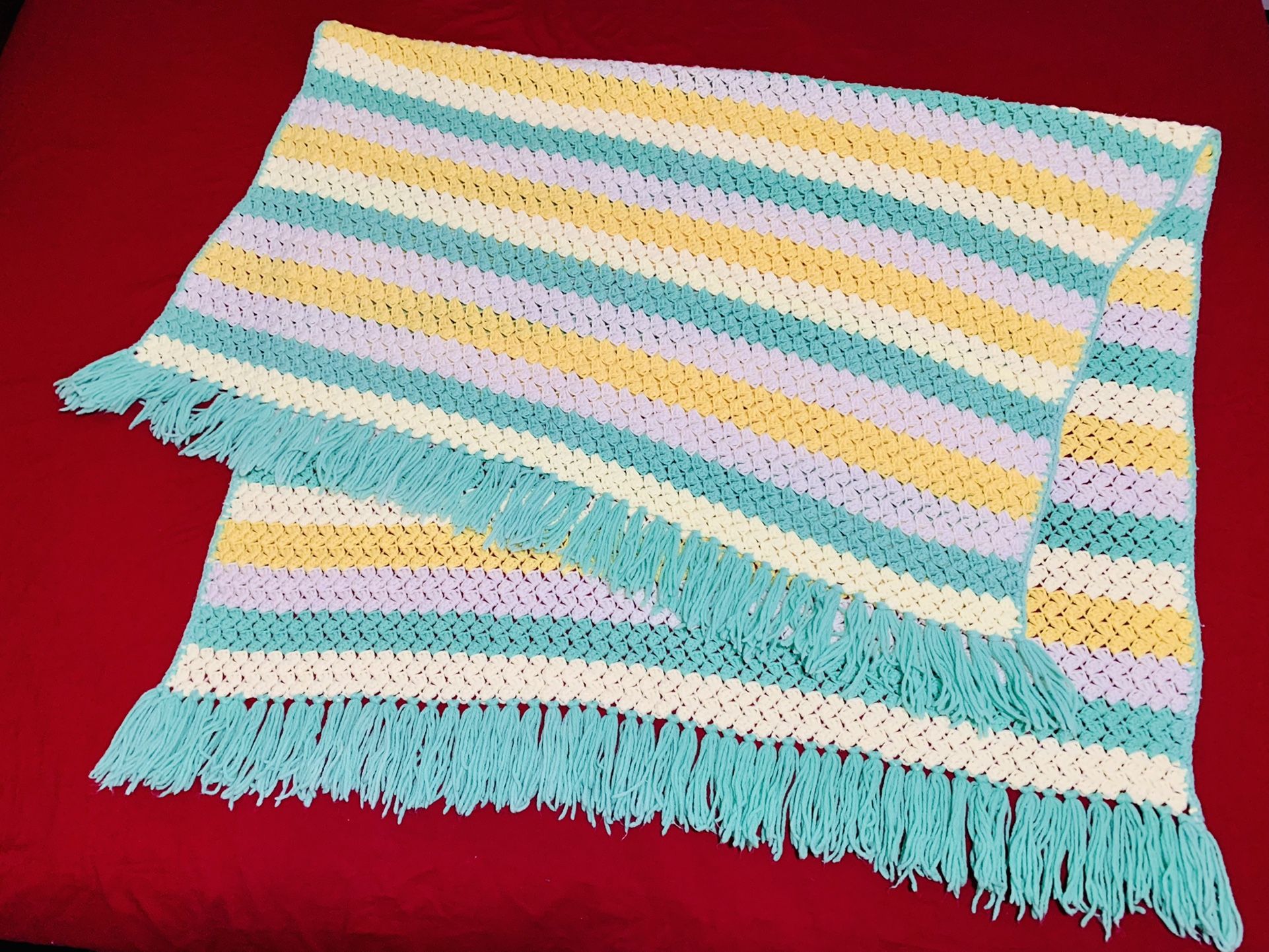Hand Crocheted Green/Yellow/White Striped Afghan Throw Blanket 64”x 50” 
