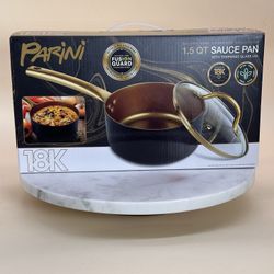 NEW , 18K Parini, 1.5 QT Gold collection sauce Pan w/Tempered Glass Lid.