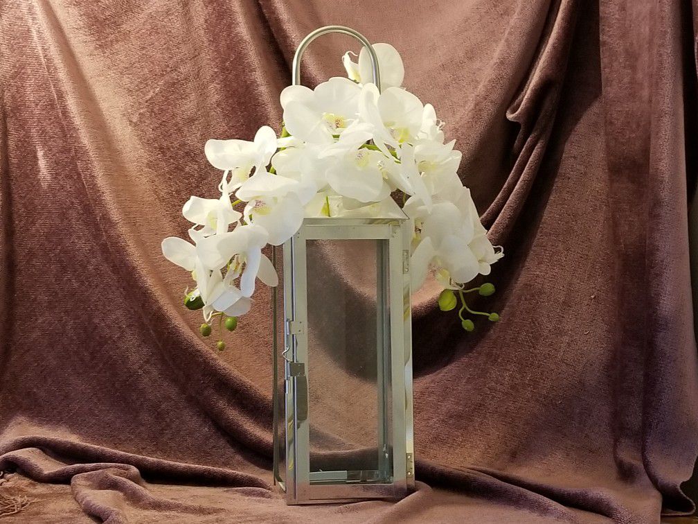 Polished Silver Hanging Lantern with Real Touch Orchids