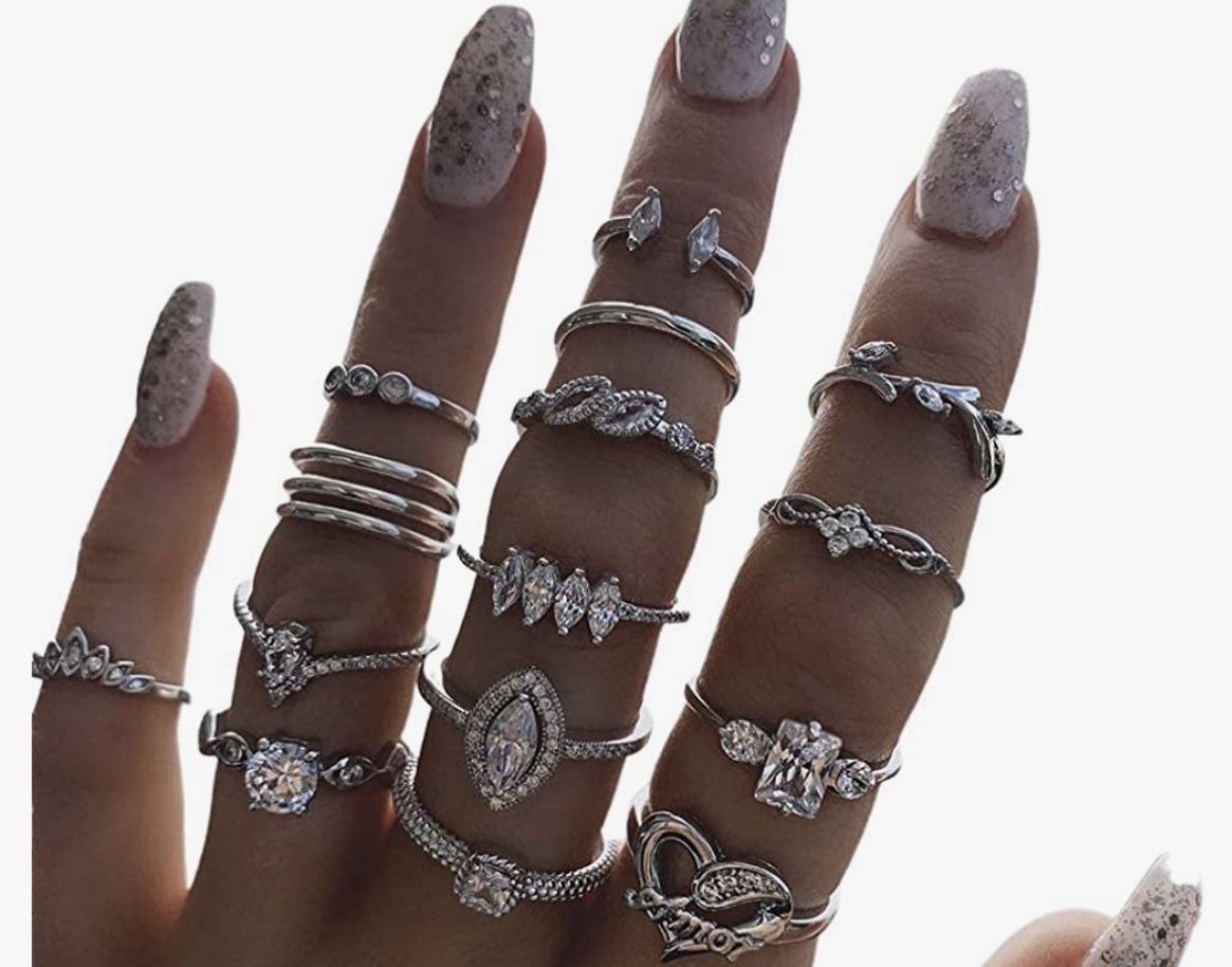 15Pcs/Set Bohemian Women Heart Rhinestone Stackable Finger Ring Jewelry Gift Silver. WILL SHIP ANYWHERE!!