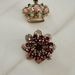 Two Vintage Mid Century Brooches Crown And 8 Petal “ruby” Flower