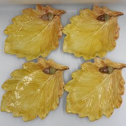 Majolica Made In Italy 9101 Yellow Fall Leaf with Acorn Dish Trays 10” Lot of 4