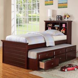 Brand New Cherry Twin Bed w Trundle Bed + Drawers 