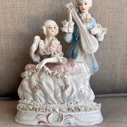 Pink And Blue Lustreware Courting Man And Woman Porcelain Romantic Figurine