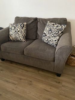 Gray Fabric Loveseat with Accent Pillows