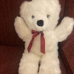 White Teddy Bear With Red Ribbon, Plush Inc, 20” Tall, Soft 