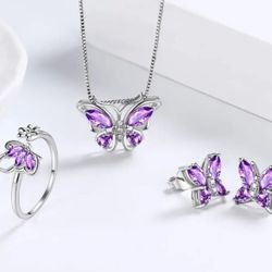 3 Piece Purple Butterfly Set. Ring Adjustable