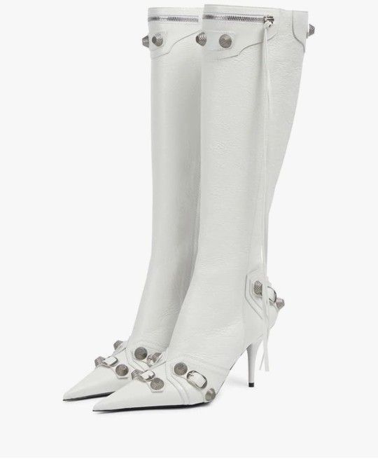 Ancomafio Knee High Boots for Women Stiletto Heel Studded Boots Pointed Toe Rivets Tassel Boot Sexy High Heel Punk Boots Zipper