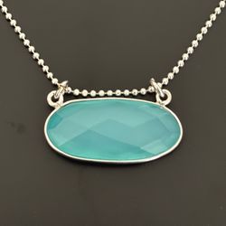16” Sterling Silver Necklace with Faceted Aqua Chalcedony East-West Oval Pendant