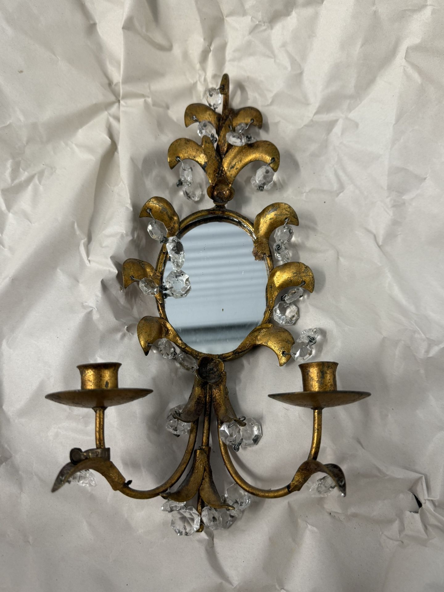 1970s Crystal and Tole Metal Gold 2 Arm Candlestick Wall Sconce - Italy