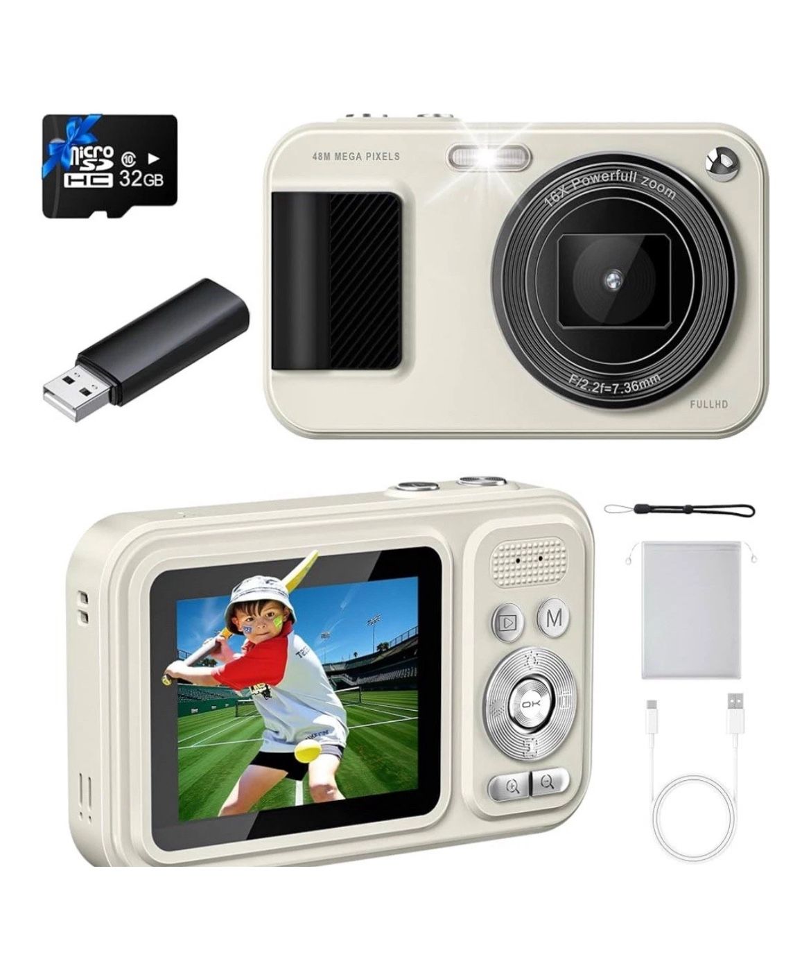 Digital Camera FHD 1080P 48MP Kids Camera Autofocus Point And Shoot Style Beige
